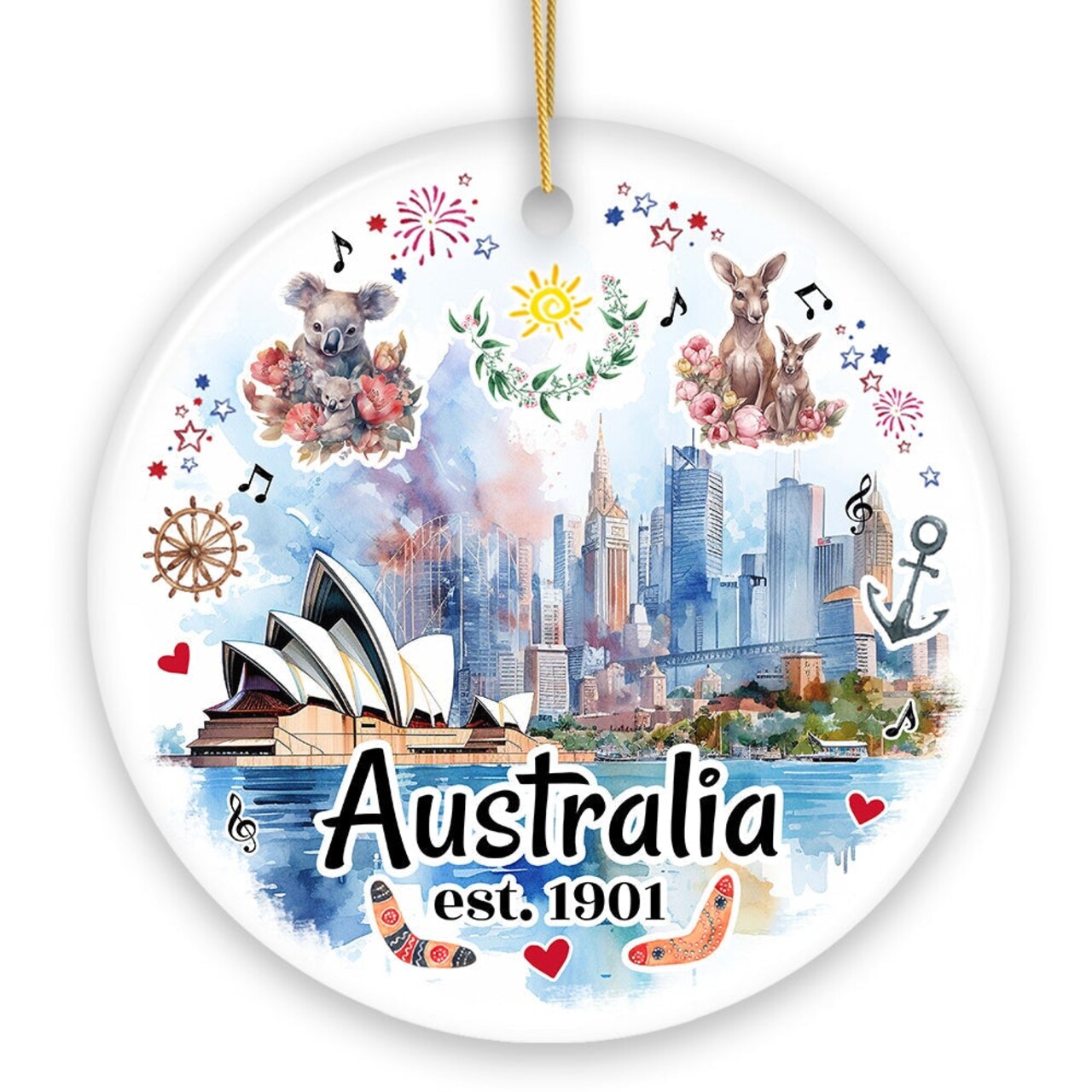 Australia Artistic Watercolor Painting Ornament, Christmas Holiday Gift